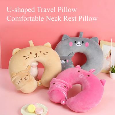 Cute U-shaped Pillow Portable Cartoon Animal Neck Pillow Travel Neck Support Pillow with Eye