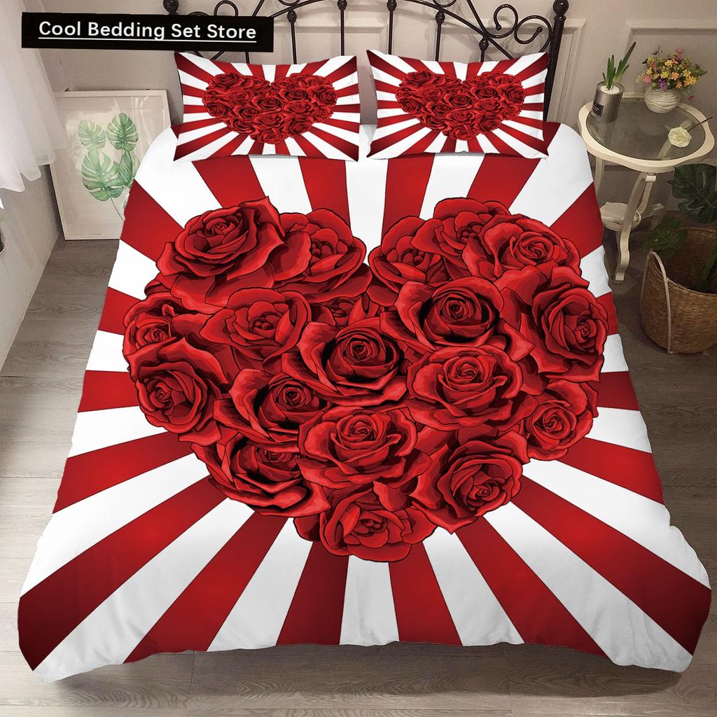Red Rose King Queen Duvet Cover Romantic Flower Bedding Set Valentine's Day Quilt Cover Couples Floral Polyester Comforter Cover