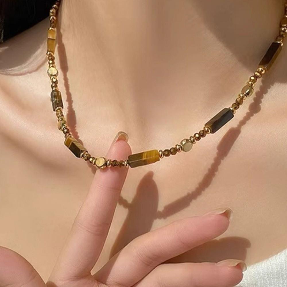 Stacking Sweater Chain Alloy Clavicle Chain Retro Tiger Eye Stone Pendant Necklace
