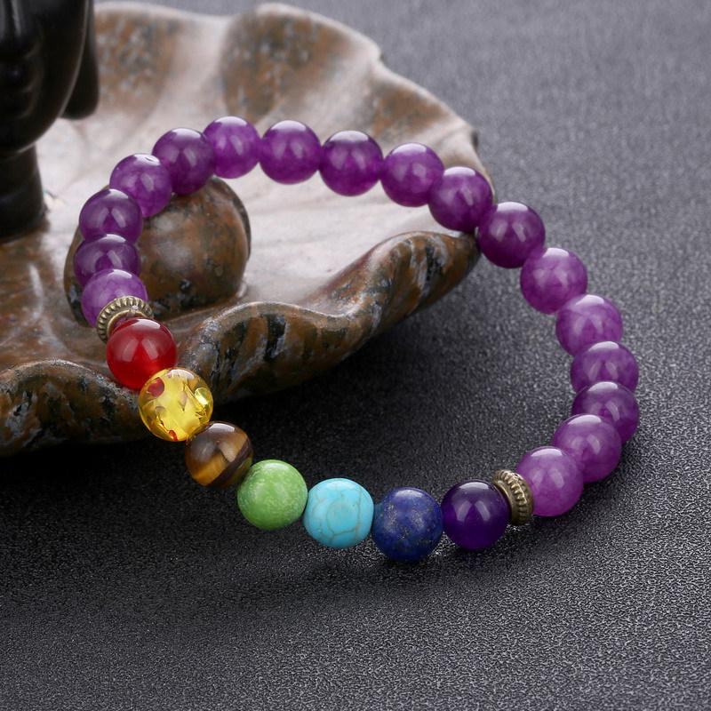 Seven Chakras Yoga Bracelet: Faux Amethyst, Tiger Eye, Lapis Lazuli Beads