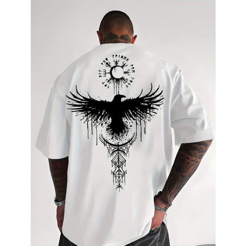 

Crow Totem Print T-Shirt, Loose Fit T-Shirt, Comfortable and Breathable, Summer Outdoor, Casual Wear, Streetwear, Youth Street T-Shirt 4XL білий