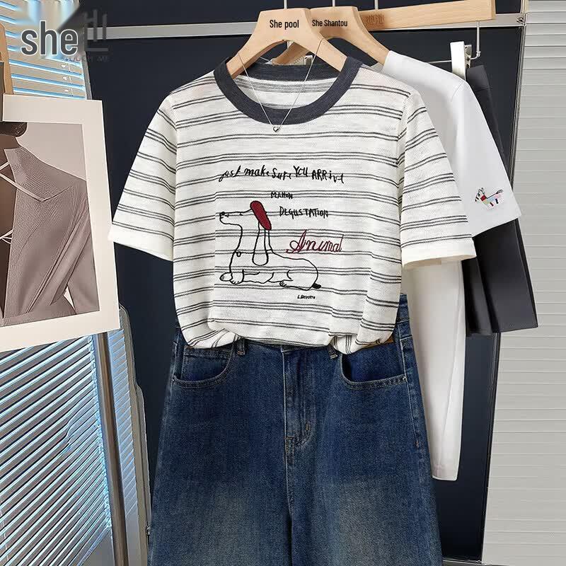 Women s Summer Striped Knit T-Shirt One Size