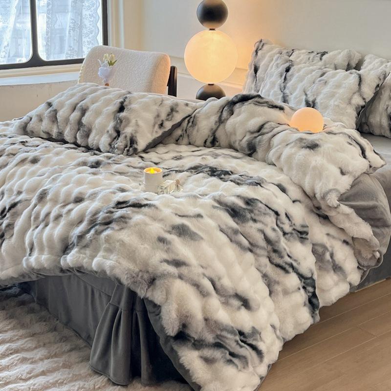 Rabbit Fleece Four-Piece Light Luxury Thickened Milk Fleece Bed Warm Double-Sided Fleece Quilt Cover Mattress Model