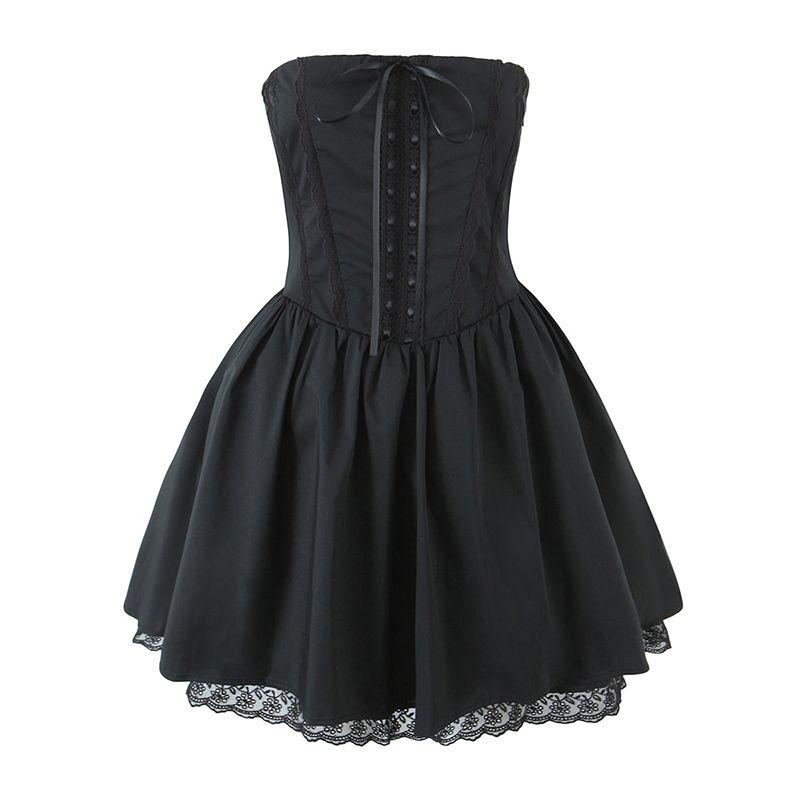 

Shuangsheng Sakura Cheese Babyboo French style Beautiful Pure Desire Style Lace Stitching Lace-up Sweet Princess Tube Top Dress Black Strapless Skirt L