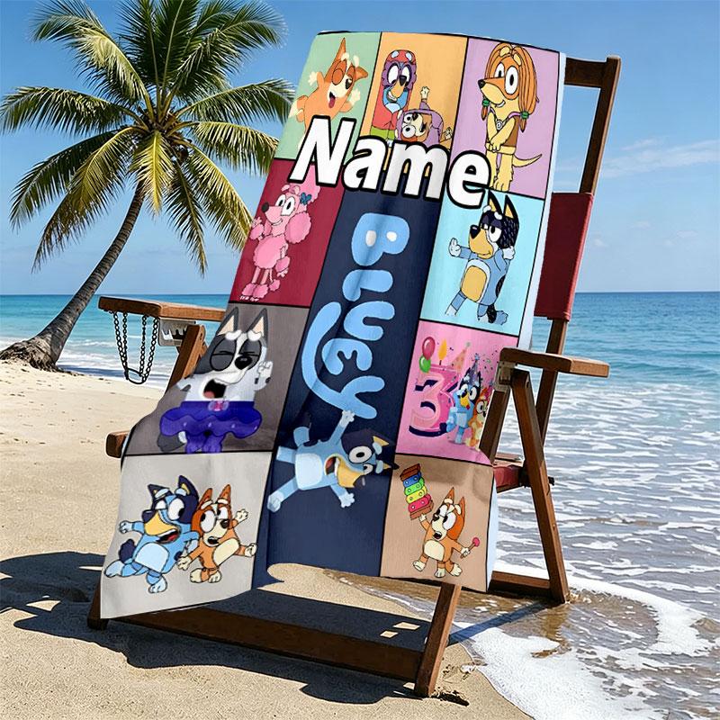 Custom Name Personalized Bluey Print Beach Towel, for Trip Camping Beach Party Home Decor, Birthday Gift for Family & Friends