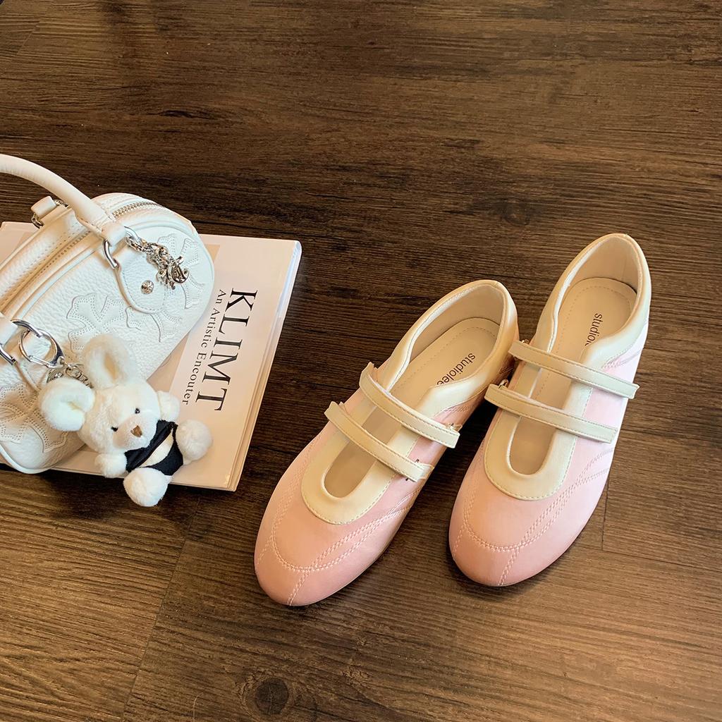 Ballet style retro double Velcro round head lazy casual women's shoes 2025 spring and summer height increase shallow mouth flat-soled single shoes