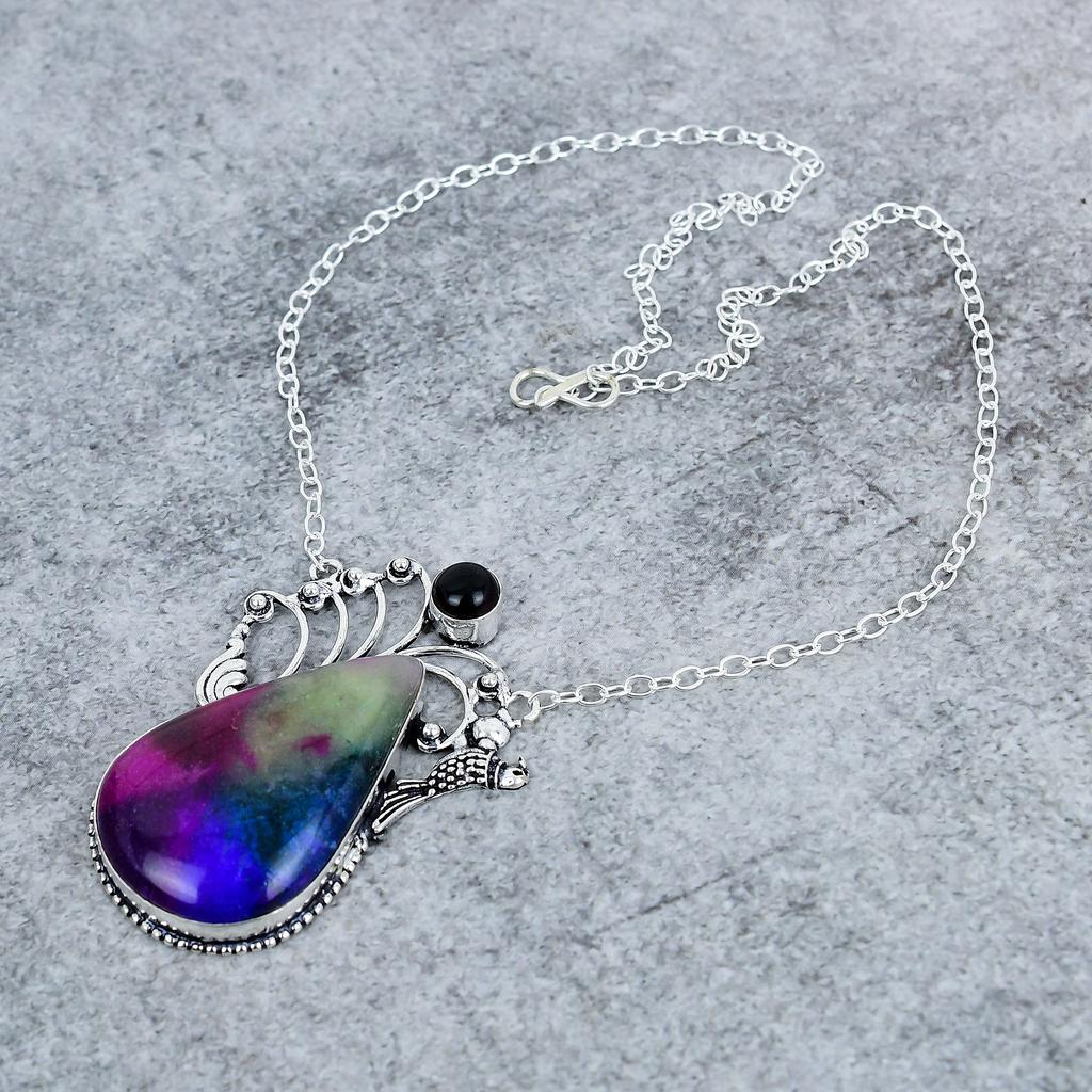 Rainbow Solar Quartz, Onyx 925 Sterling Silver Jewelry Necklace 18" M-2747