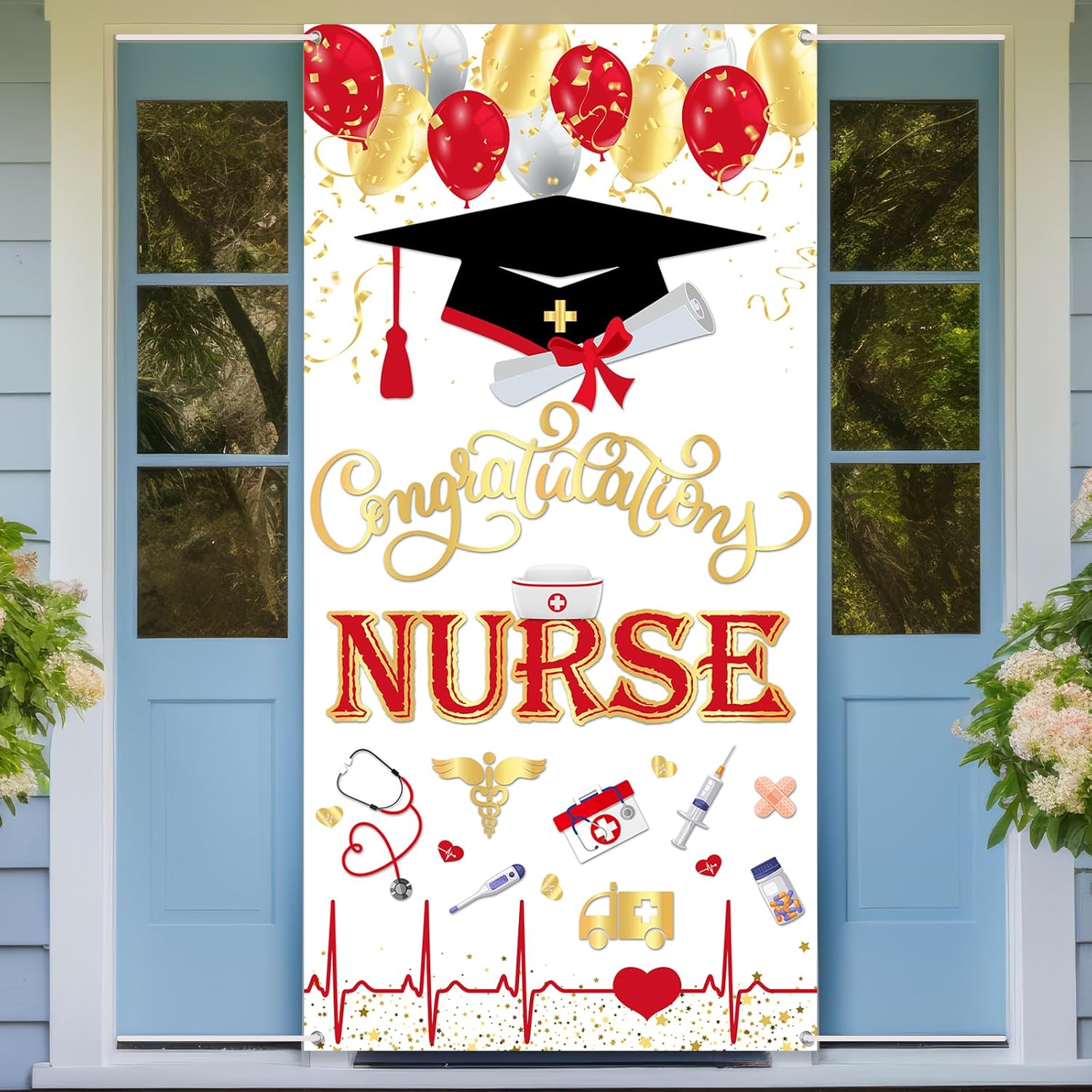 Congratulations Nurse Graduation Door Banner, Congrats Nurse Grad Door Cover, 2025 Nursing School Survivor Graduation Party Decorations, Indoor