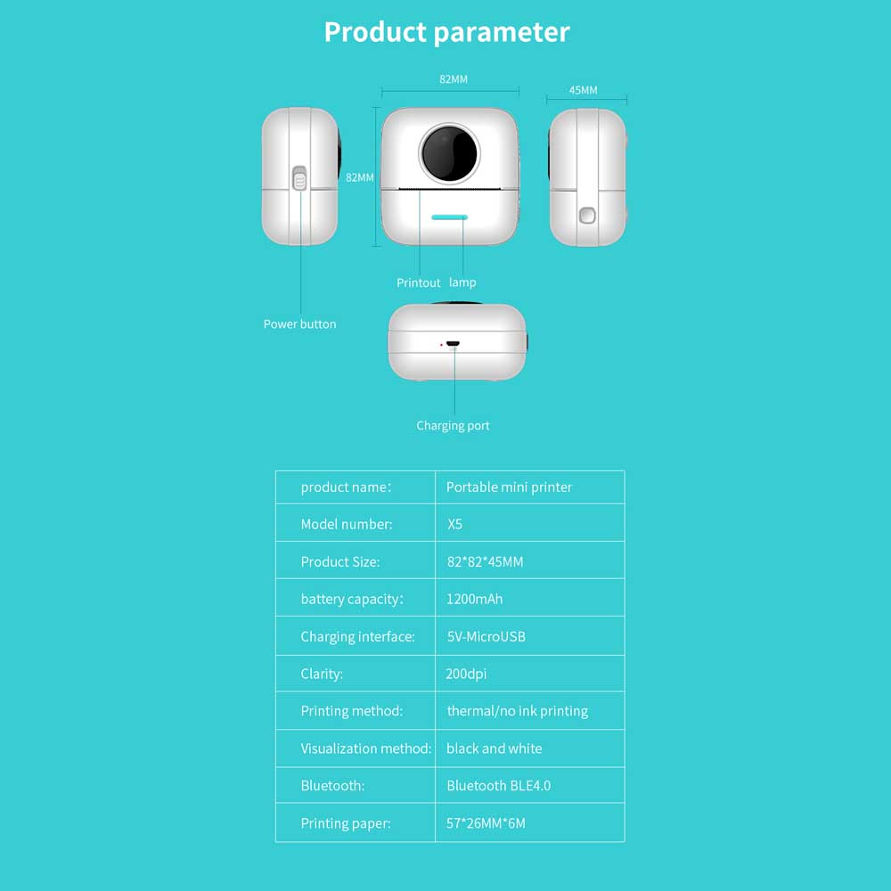 Termální fototiskárna Mini bezdrátová Bluetooth Mini kapesní tiskárna štítků 57 mm pro domácnost a kancelář Android IOS