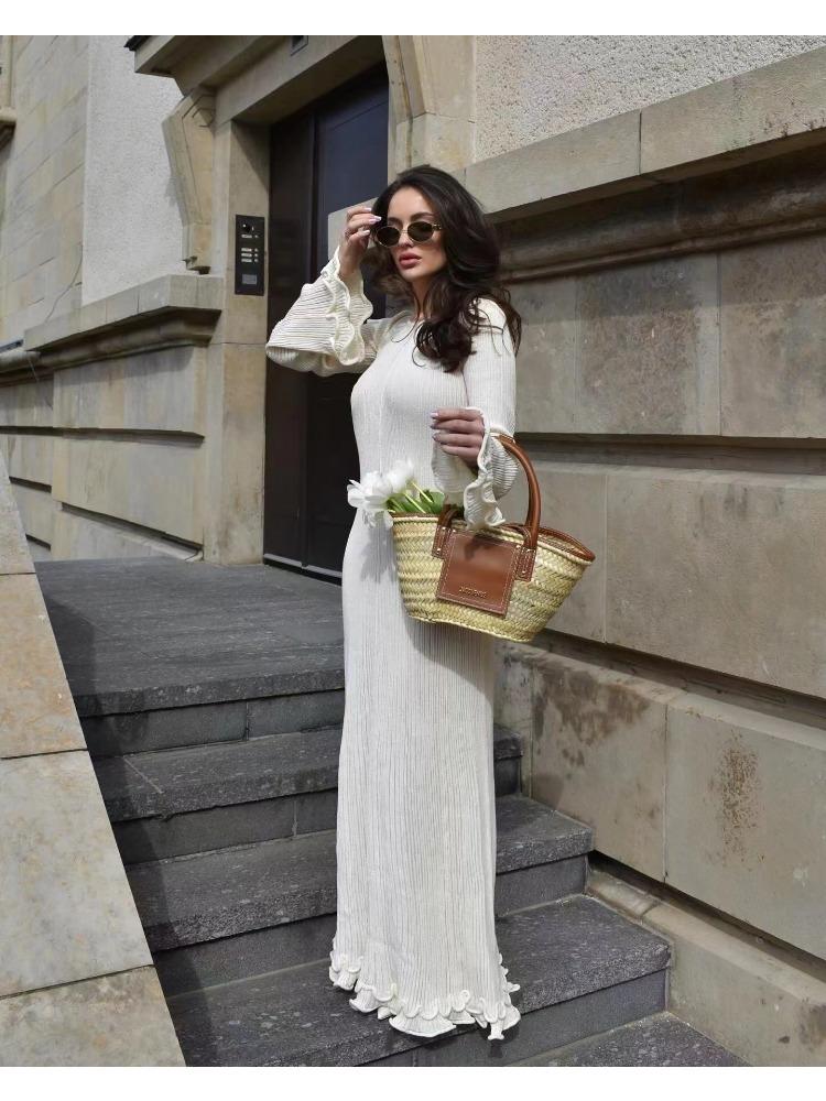 Elegant Flared Long Sleeve O-Neck Dress Women Casual Lace Fishtail Slim Party Dresses Female Fshion Chic Solid Summer Streetwear Dress