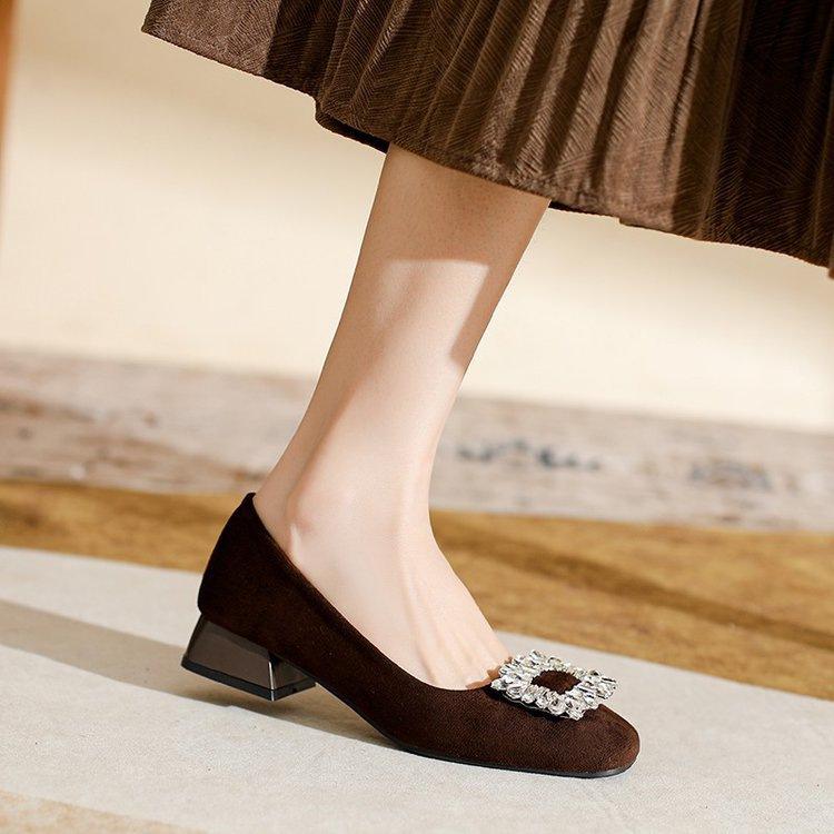 Premium sense rhinestone high heels women's 2025 autumn new French square head temperament low heel single shoes versatile commuter women's shoes