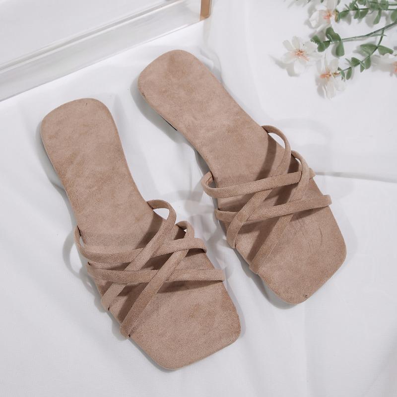 Fashion New Summer Slippers for Women Fashion Square Head Suede Cross Thin Band Open Toe Breathable Anti-slip Wear-resistant Sandals