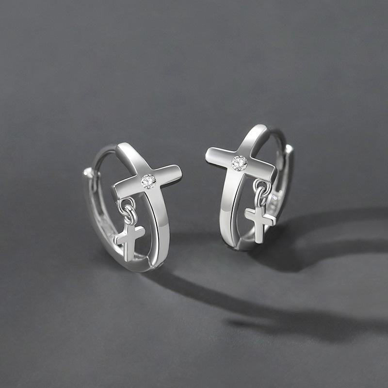 S925 Silver-Plated Double Cross Men's Stud Earrings - Trendy American Niche Design
