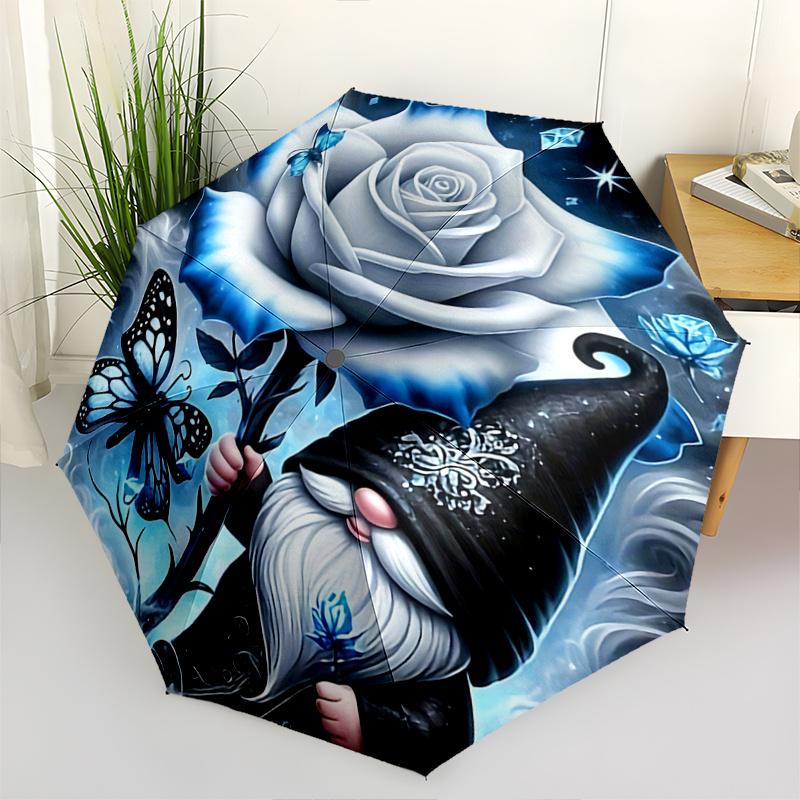 

1pc Blue Rose Butterfly Gnome Automatic Opening Folding Umbrella, 8 Bone Iron Frame, Suitable for Fans, Travel, Daily Use, Festive Gift.R091