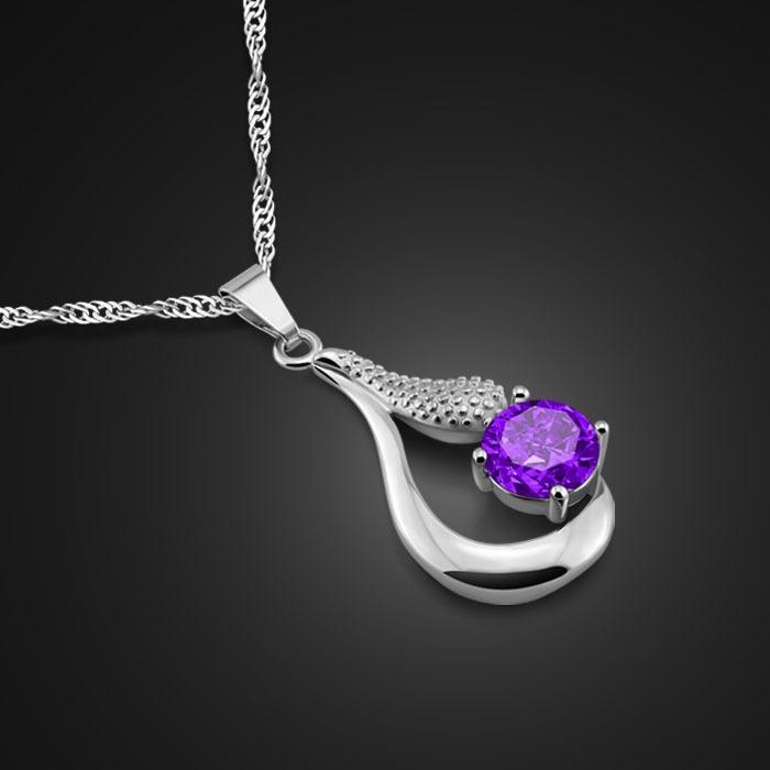 

Silver Purple Zircon Pendant Necklace Platinum Plated Korean Women S Simple Clavicle Chain