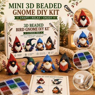 3D Beaded Bird Gnome DIY Kit 4-Piece Set Includes Step-by-Step Instructions Materials and Tools for Crafting Detailed Miniature Gnome Figures