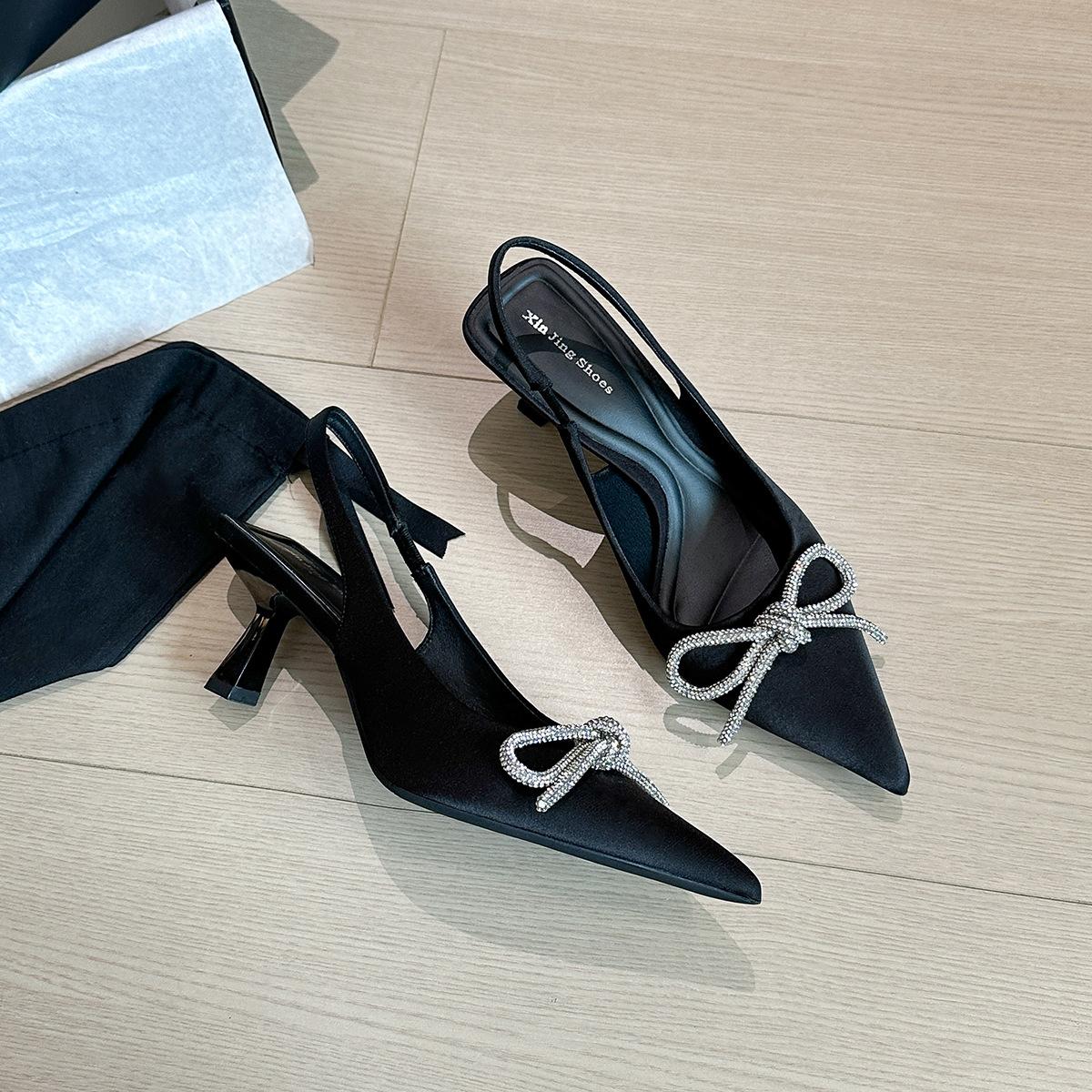 

623-6 Bow high heel pointed single shoes new bag head thin heel back strap thin heel single shoes banquet women s shoes 35