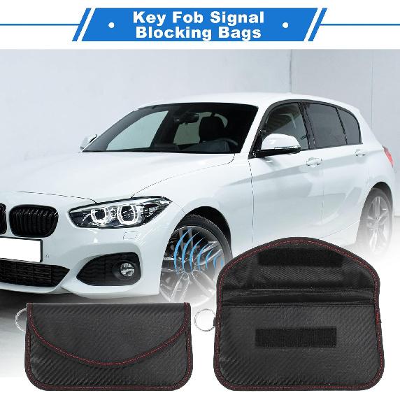 2pc, Faraday Pouch, RFID Signal Blocking Bags Universal for Car Key Keyless Car Starter, Key Fob Protector Carbon Fiber Black with Hook
