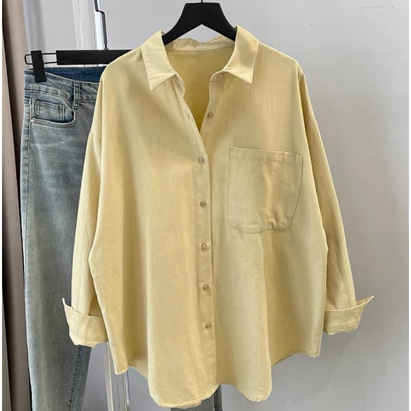 

Spring Autumn Polo-neck Loose Casual Buttons Cotton Shirt Women Long Sleeve Solid Color Blouse Cardigan Top M жёлтый