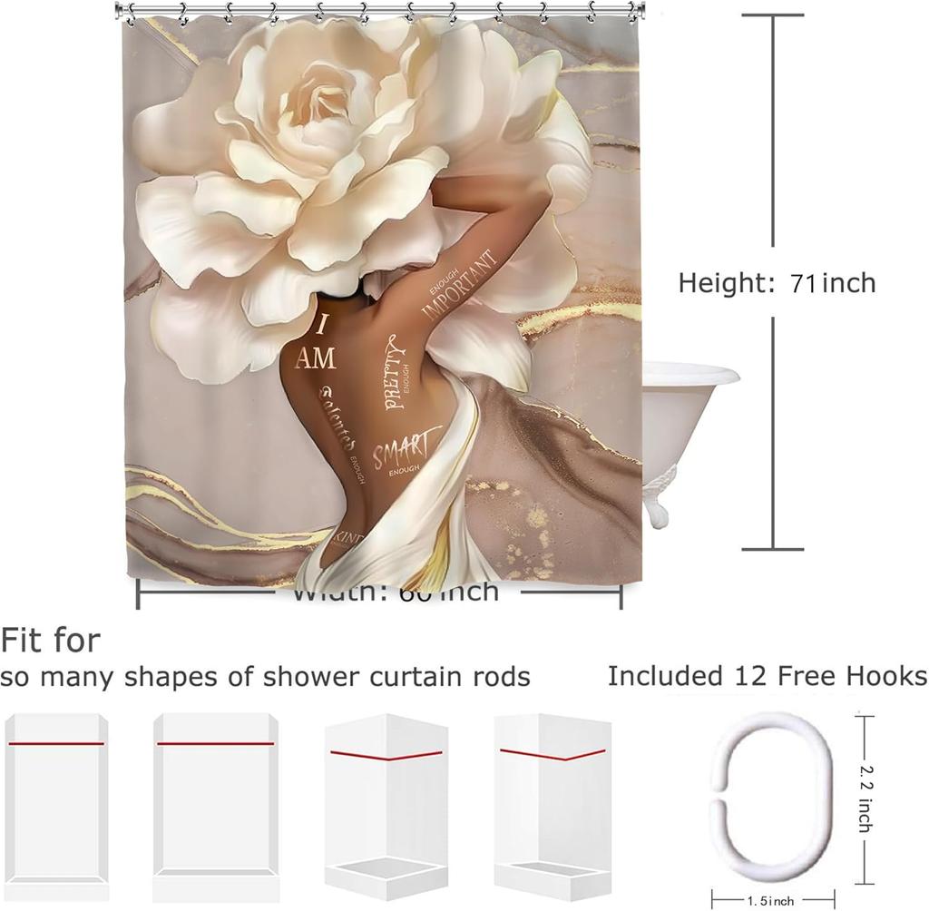 African American Flower Shower Curtain, Black Girl Marble Design, Inspirational Motivational Print, Waterproof Polyester