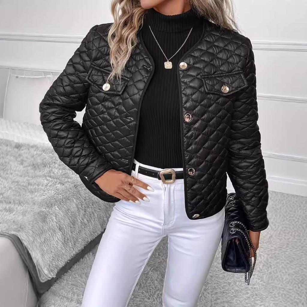 Autumn Winter Women's Black Diamond Quilted Jacket, Cropped Cotton Coat with Thermal Insulation, Short Padded Blazer for Elegant Style