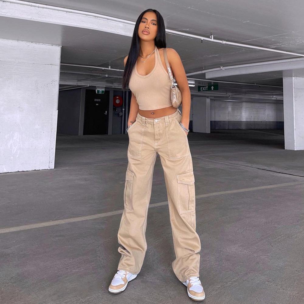 Women s High Rise Cargo Pants Loose Fit Straight Leg Pants Non Stretch Washed Utility Streetwear Cargo Jeans S