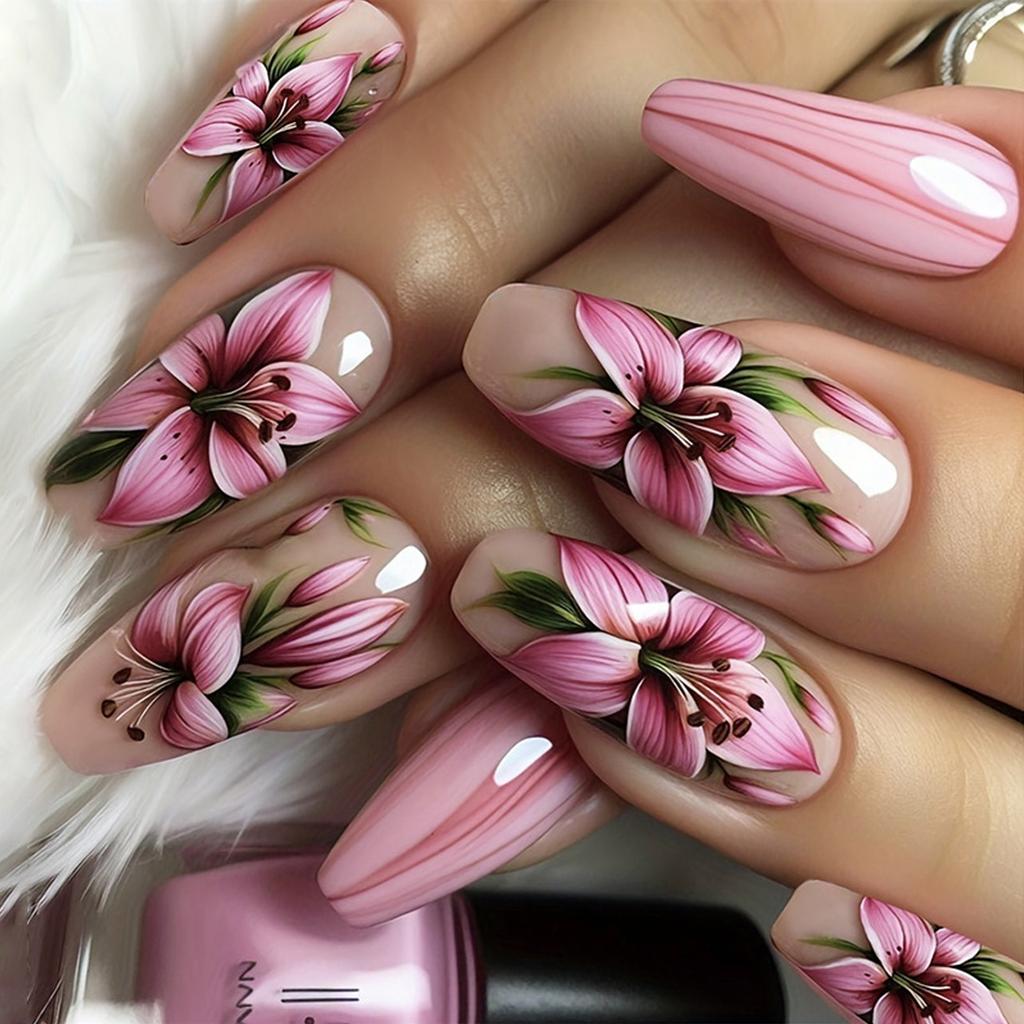 24 st Blommor Press-on Naglar Full Täckning Lösnaglar Floral Nagelkonst Manikyr Glansiga Konstgjorda Naglar Akryl Stick-on Naglar