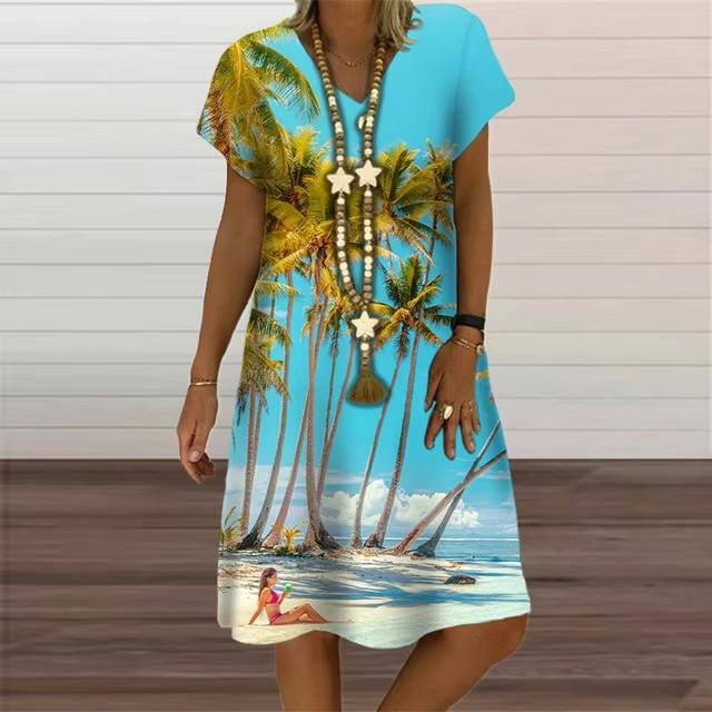 3D Digital Printing Dresses Women s Summer Short-sleeved O-neck Casual Loose Dress S