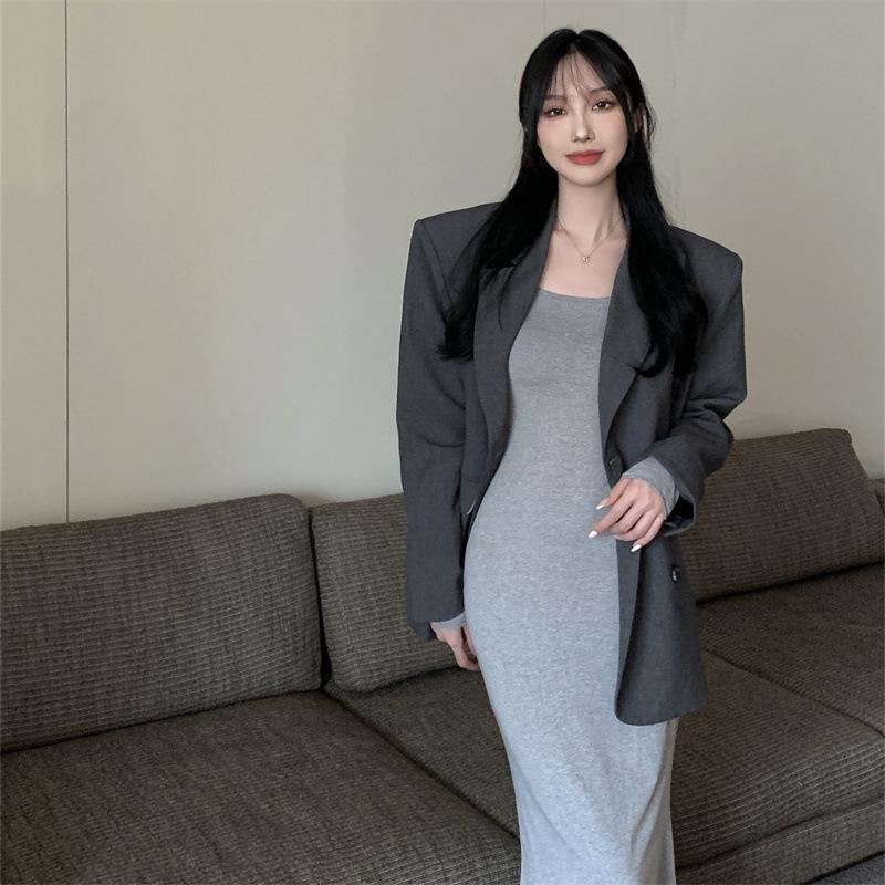 2025 Jesień Pikantna Dziewczyna Kawa Sukienka Syrenka Długi Rękaw – Dopasowana Jednolity Kolor