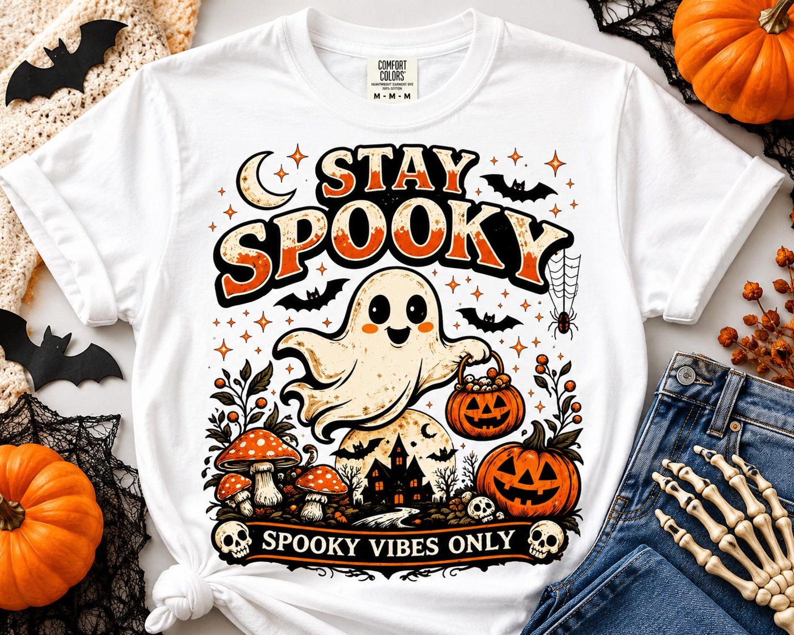 Retro Ghost Halloween Shirt, Spooky Vibes, Fall Season Graphic Tee S