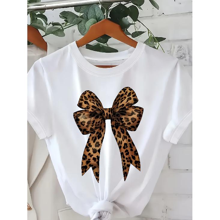 A women s round-neck short-sleeve top with leopard print and bow design T Casual fashion trendy shirt S белый