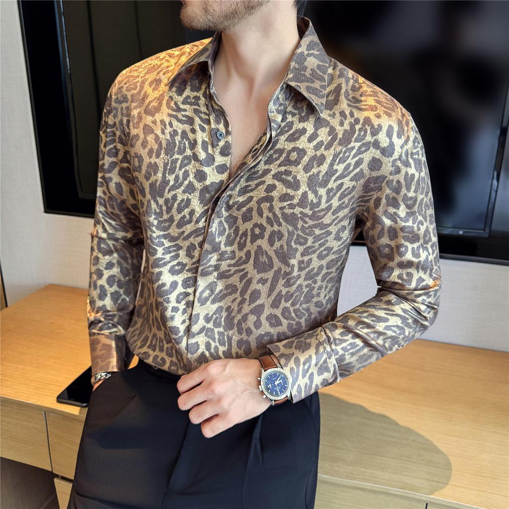 Mode Luxus Freizeit Herren Hochwertiges Weiches und Bequemes Gewebe Klassisches Leopardenmuster Hemd
