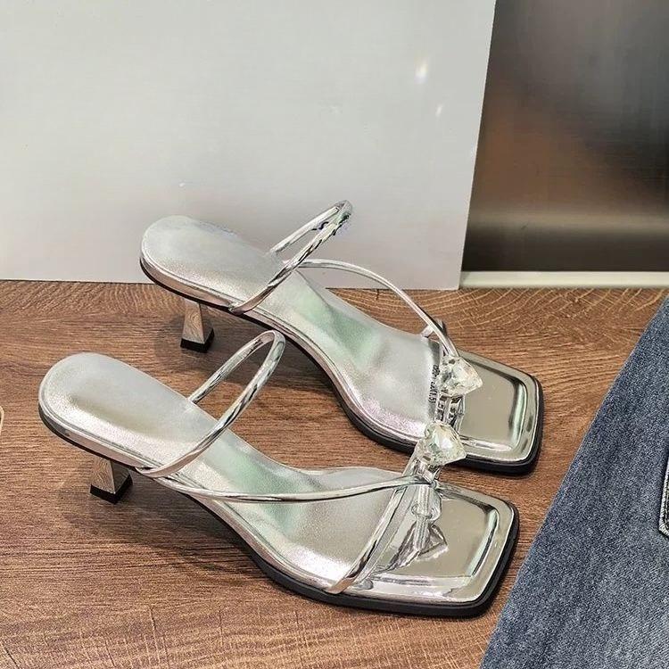 

Fashion 2025 New Women s Summer Strappy Crystal Heel Sandals Square Toe Rhinestone Decorated PU Leather Gladiator Sandals 35 серебряный