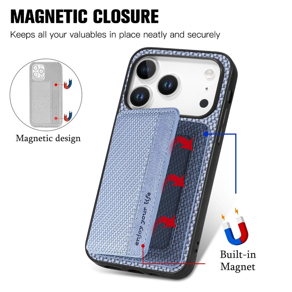 For iPhone 17 Pro Max Case RFID Blocking Carbon Fiber Leather Phone Back Cover with Card Holder