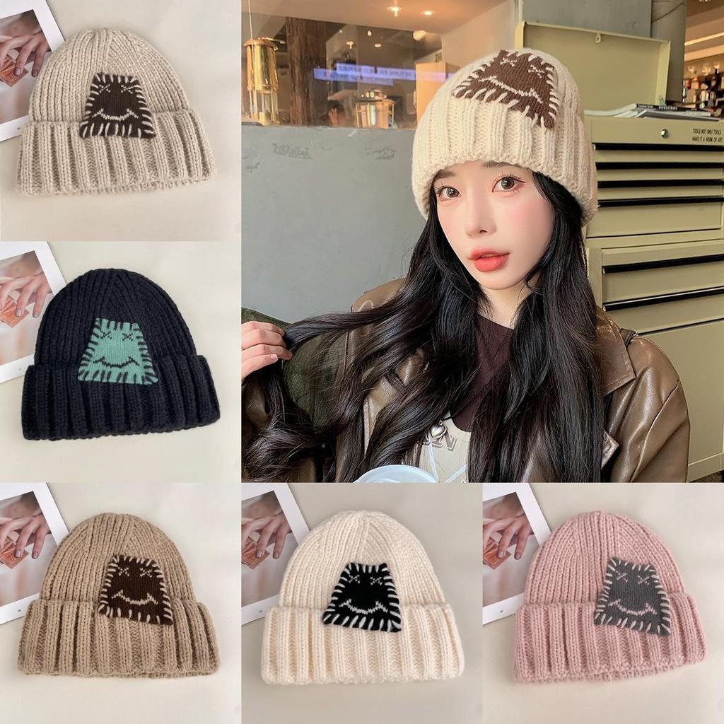 Expression Pattern Embroidery Knit Hat Women Autumn Winter Warm Thick Earmuff For Casual Outdoor Use
