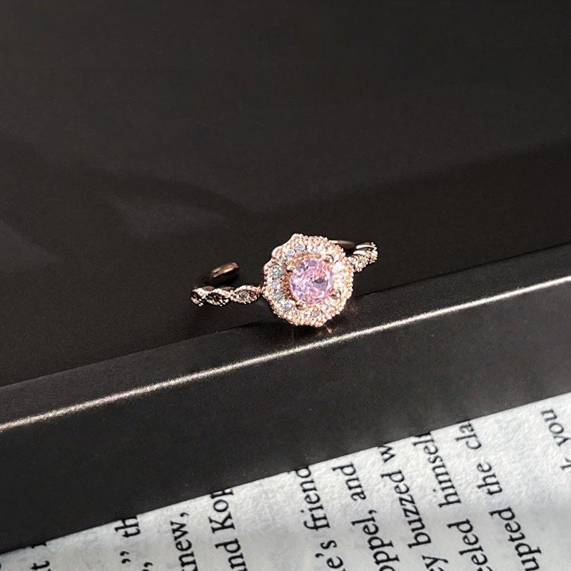 

2026 Light Luxury Camellia Ins French Rose Gold Pink Diamond Open Ring Female Bright Celebrity Style Trend Temperament Ring Resizable