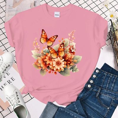 Hot Fall Flower Butterfly Printed T-Shirts For Women Summer Short Sleeve Tee Shirts Round Neck Casual Tops