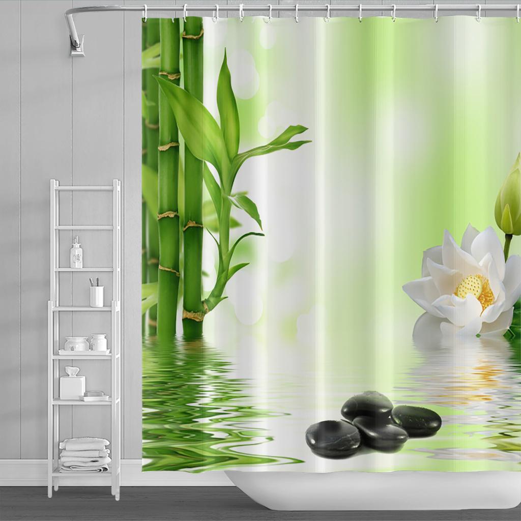 Venkovská krajina Sprchové závěsy Potok Kámen Lotos Buddha Koupelnový závěs Přírodní scenérie Vodotěsná Koupelna Domácí dekorace s háčky