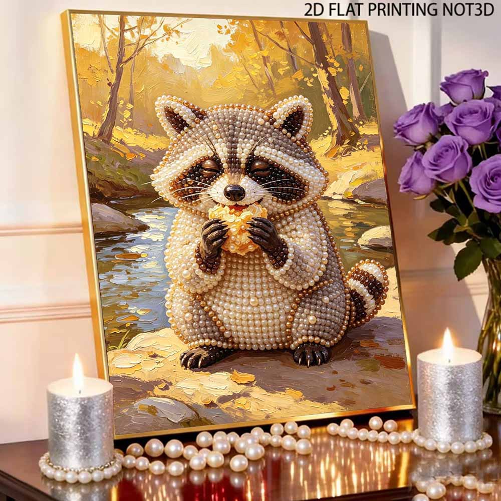 Sparkling Pearl Painting on Stretched Frame Cute Raccoon Eating DIY Bead Art Canvas Relaxing Hobby Gift for Craft Lovers Creative Projects