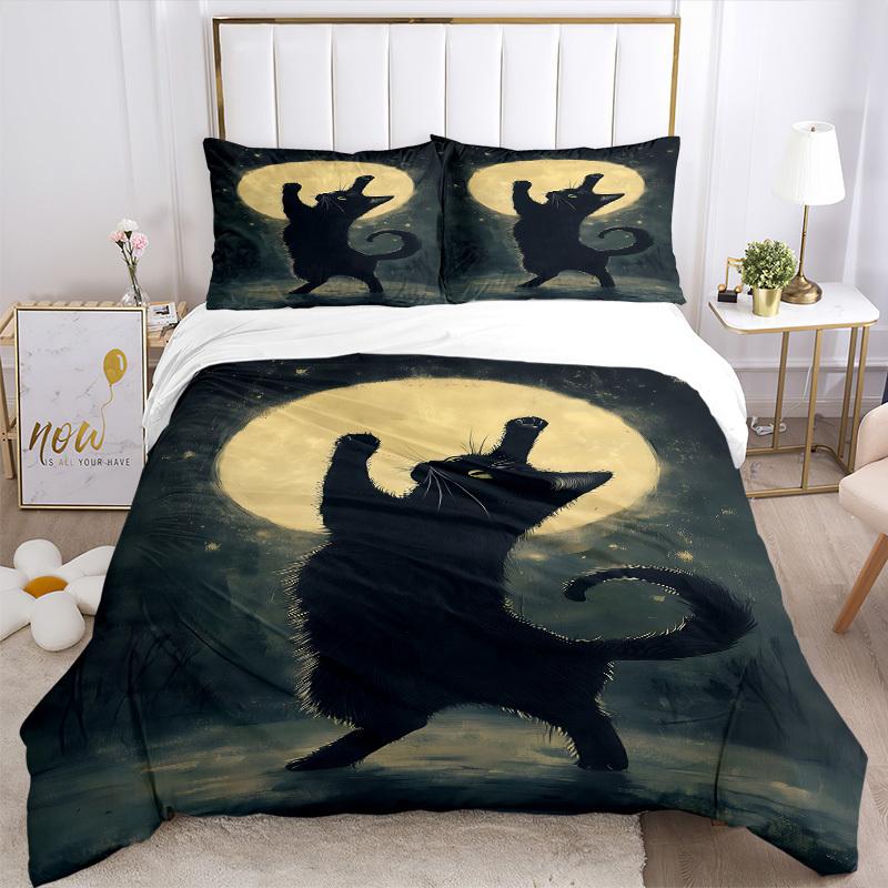 3Pcs Black Cat Moon Night Printed Bedding Set, Breathable And Soft, Machine Washable, Christmas Gift, Suitable for Bedroom Decoration, 15179
