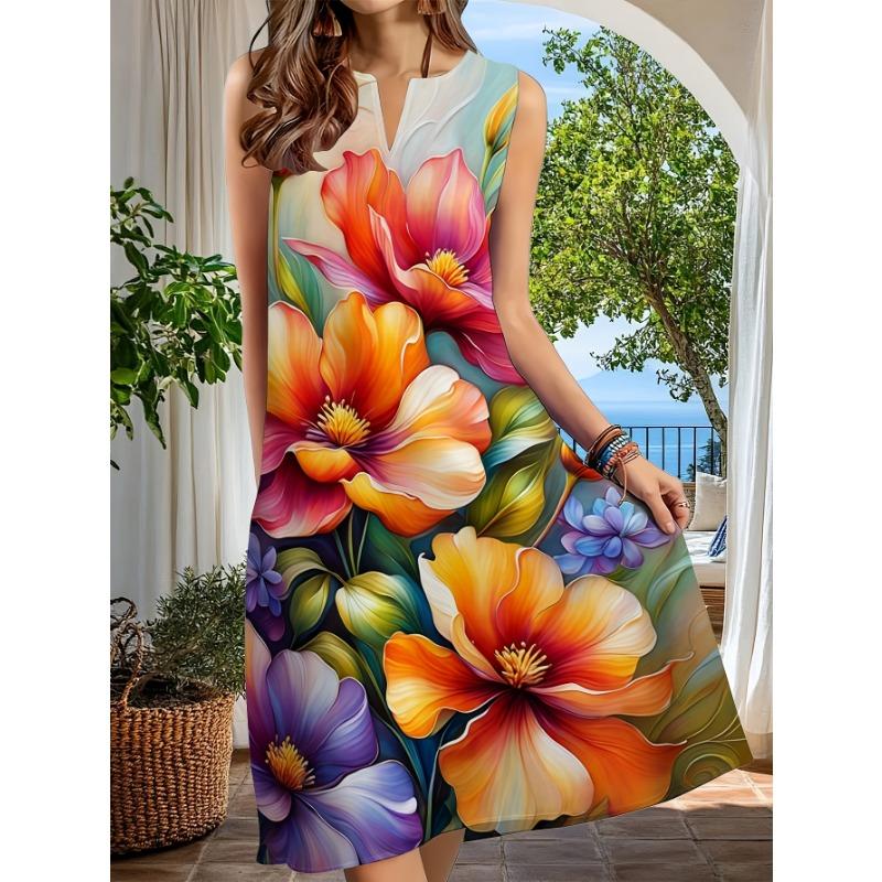 Robe sans manches à col fendu pour femme, imprimé floral éclatant, coupe ample, longueur genou, tenue d'été décontractée pour les vacances à la plage
