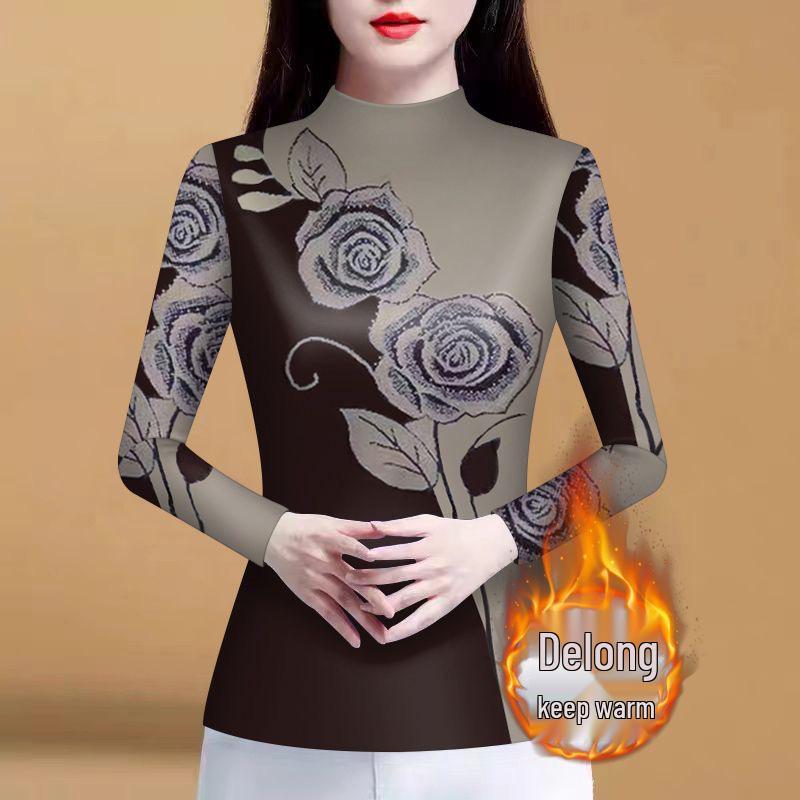 Mom's Autumn/Spring Long Sleeve Semi-High Neck Fleece Lined Shirt - High-End Print Tummy Covering T-Shirt Top