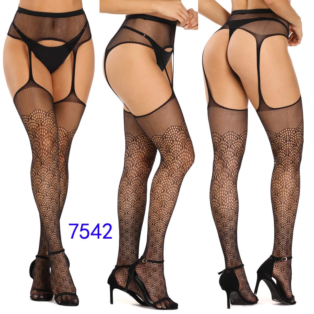 Women's Sexy Crotchless Fishnet Suspender Stockings with Eye Jacquard Design - Style 7501