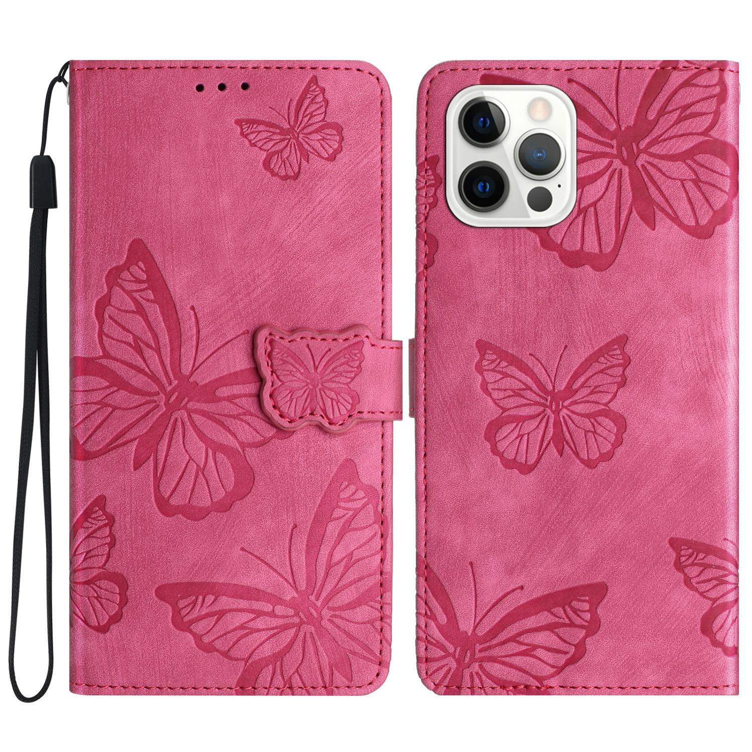 

For iPhone 16 Pro Case Wallet Butterfly PU Leather Phone Cover Stand Card Holder Rose