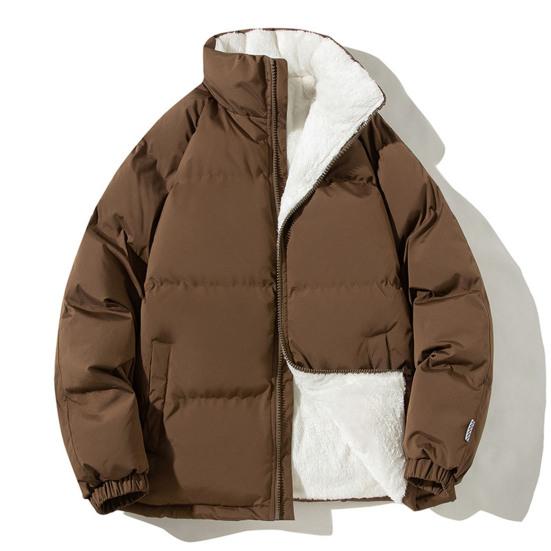 Hommes hiver coton manteau col montant Protection du cou épaissi à manches longues couleur unie fermeture à glissière poches Couple hiver vers le bas manteau