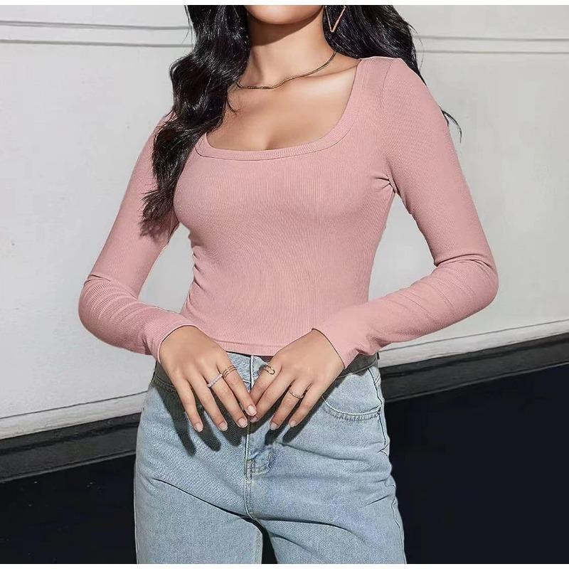 Womens Square Neck Ribbed Knit Long Sleeve Crop Top Casual Solid Color Fitted Blouse