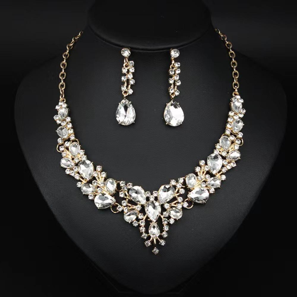Popular Water Drop Women's Alloy Bridal Necklace Earrings Two-piece Set New Clavicle Short Necklace