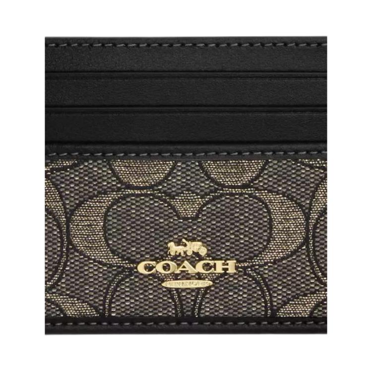 Coach Monogram Print Metal Signature Jacquard Id Card Holder Women Card Holder Charcoal-Gray Gold CCO34-IMYF5