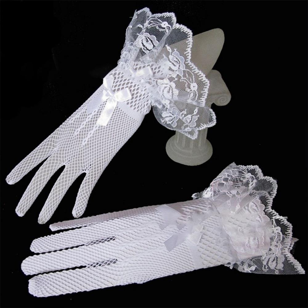 Xian Yi Lady Elastic Five-finger Fishing Net Hollow Bride Dance Bow Lace Gloves Perspective Mysterious Taste P8