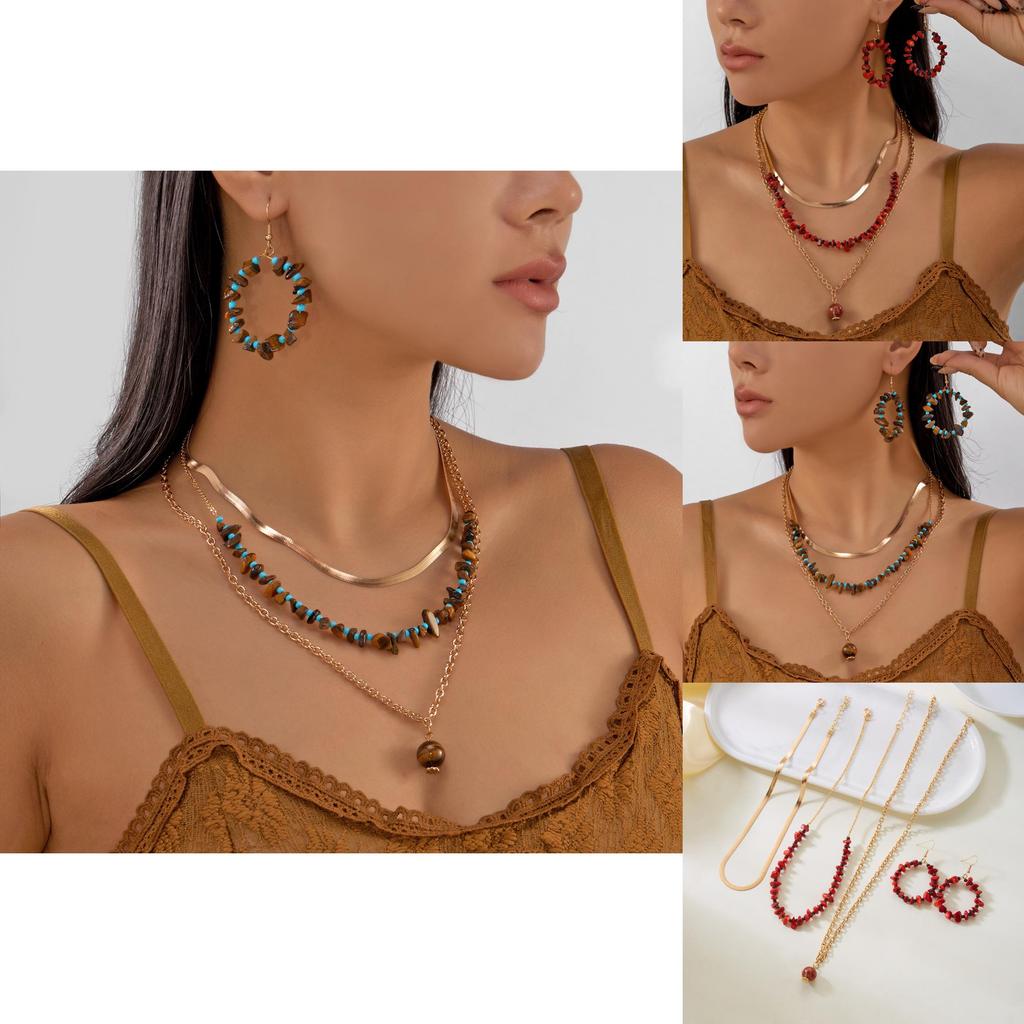 Unique Geometric Crushed Stone Collar Necklace And Drop Earrings Set For Women With Multilayer Style